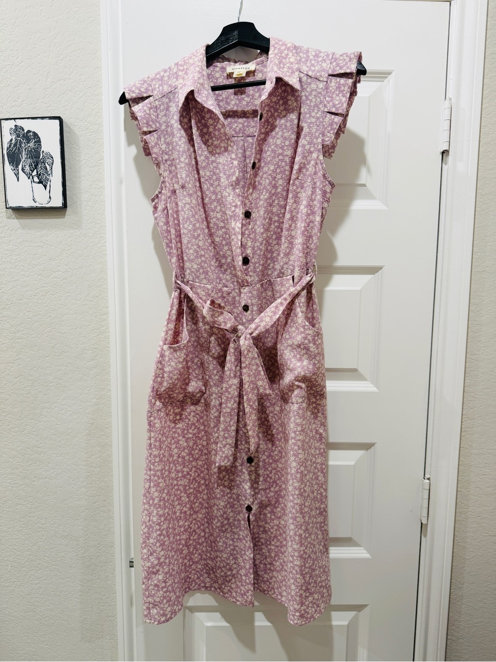 Monteau Dusty Pink Floral Button-Front Midi Dress with Tie Waist